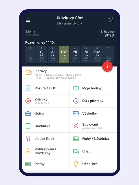 Ukázka úvodní obrazovky mobilní aplikace EduPage pro žáka: dnešní rozvrh, zprávy, známky, suplování a jídelní lístek