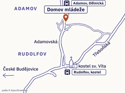 Mapa okolí: Domov mládeže, Adamovská 22, Rudolfov
