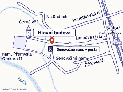Mapa okolí: Hlavní budova, Senovážné náměstí 12, České Budějovice