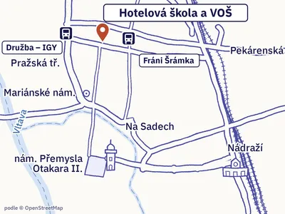 Mapa okolí: Hotelová škola a VOŠ, Fráni Šrámka 9/1216, České Budějovice