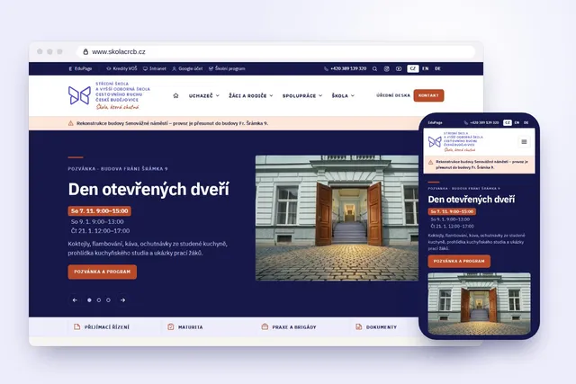 Titulka nového webu školy v okně prohlížeče s adresou www.skolacrcb.cz a v mobilním telefonu