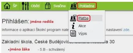 Snímek obrazovky: menu záložky Pokladna s položkami Platba, Akce a Výpis.