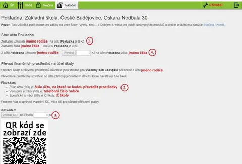 Snímek obrazovky stránky Pokladna: stav účtu, údaje pro převod na účet a QR kód.