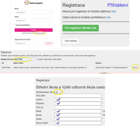 Snímky obrazovky registrace: odkaz Zaregistrujte se, tlačítko Pro registraci klikněte zde, zadání ID školy 60077590 s volbou vybrat a formulář s volbou Zaměstnanec školy: ne.