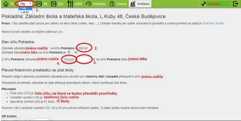 Snímek obrazovky stránky Pokladna: výběr dítěte, zůstatek, částka a tlačítko Převést.