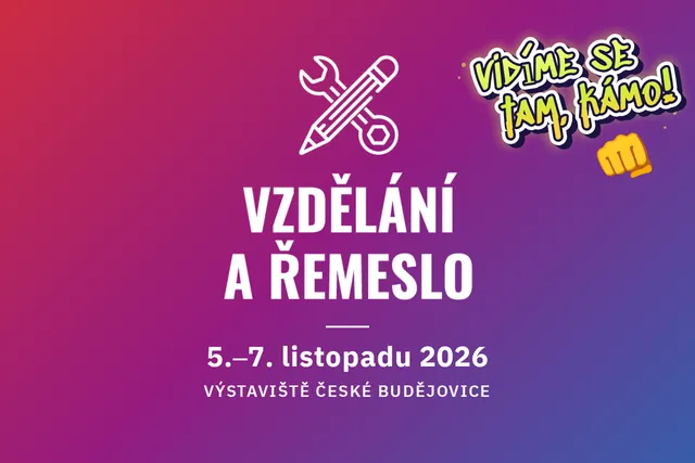 Logo výstavy Vzdělání a řemeslo, 5.–7. listopadu 2026, Výstaviště České Budějovice a graffiti „Vidíme se tam, kámo!“ s pěstí